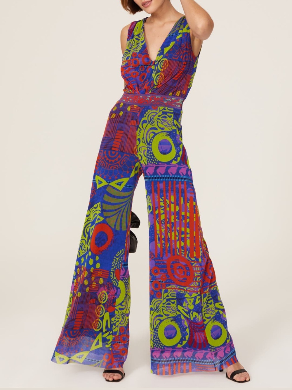FUZZI Tuta Mesh Jumpsuit XS Blue Green Orange Abstract Print Wide Leg